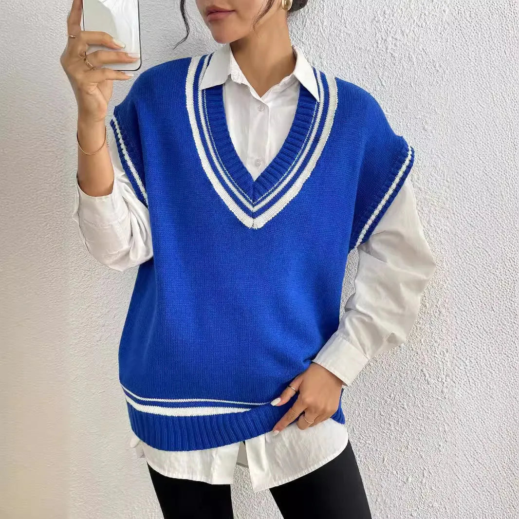 Women's loose-fit acrylic blend vest sweater in black, blue, or coffee, college style.