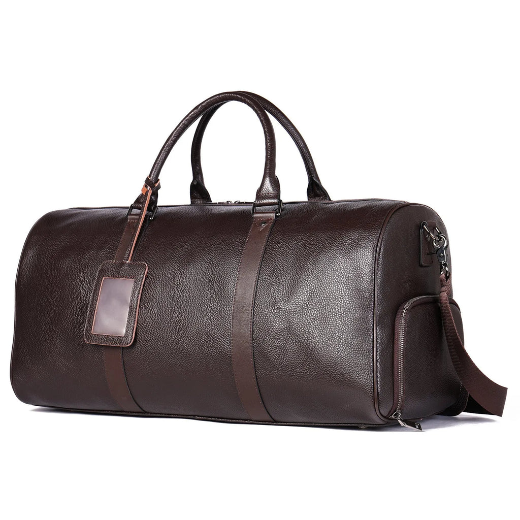 Men's black leather excursion tote bag with single strap showing 44cm length