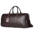 Men's black leather excursion tote bag with single strap showing 44cm length