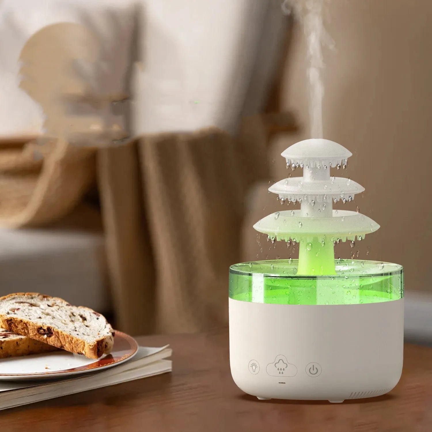 White Cloud Rain USB air humidifier and essential oil diffuser with colourful LED lights on
