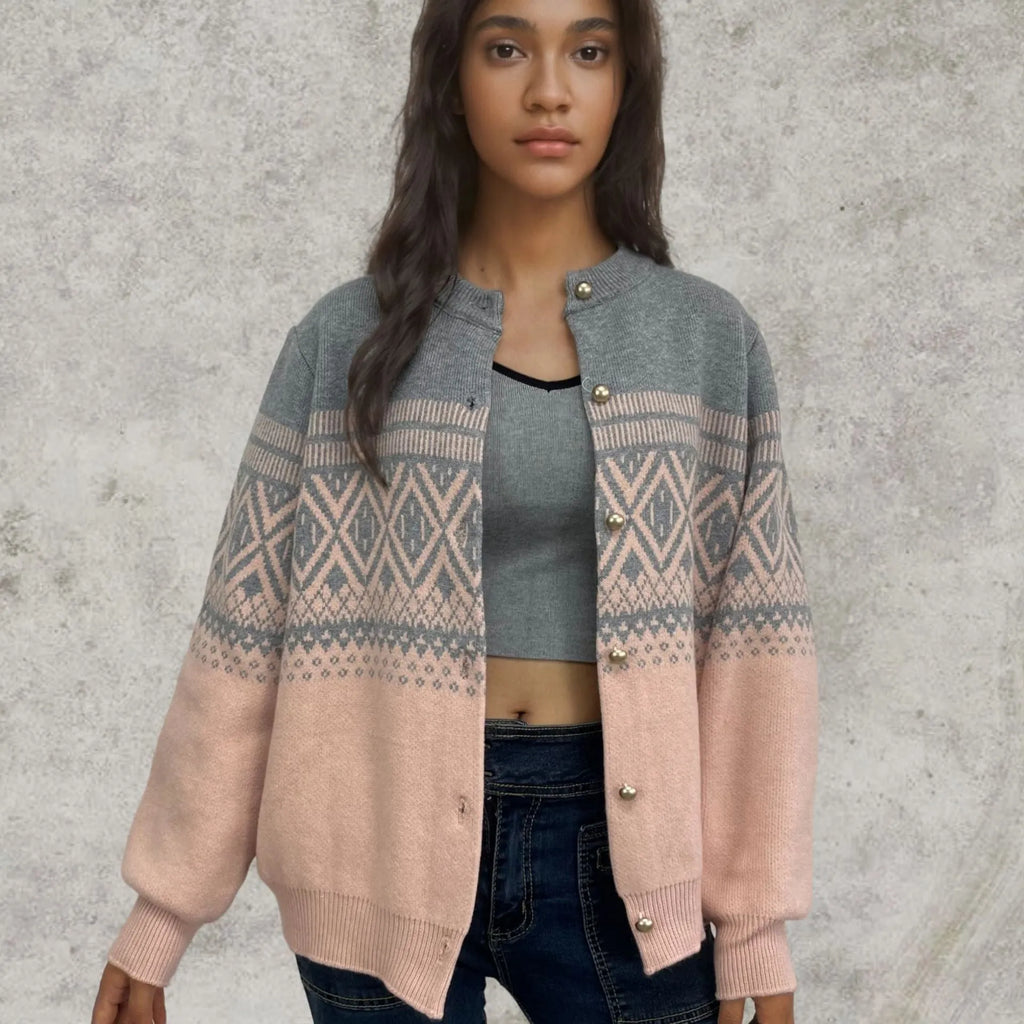 Women's grey alpaca wool cardigan with pink and white diamond pattern and long sleeves