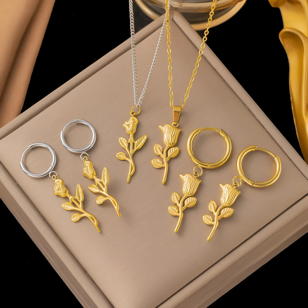 Titanium steel rose necklace set in gold with matching earrings on O-link chain, simple sweet style
