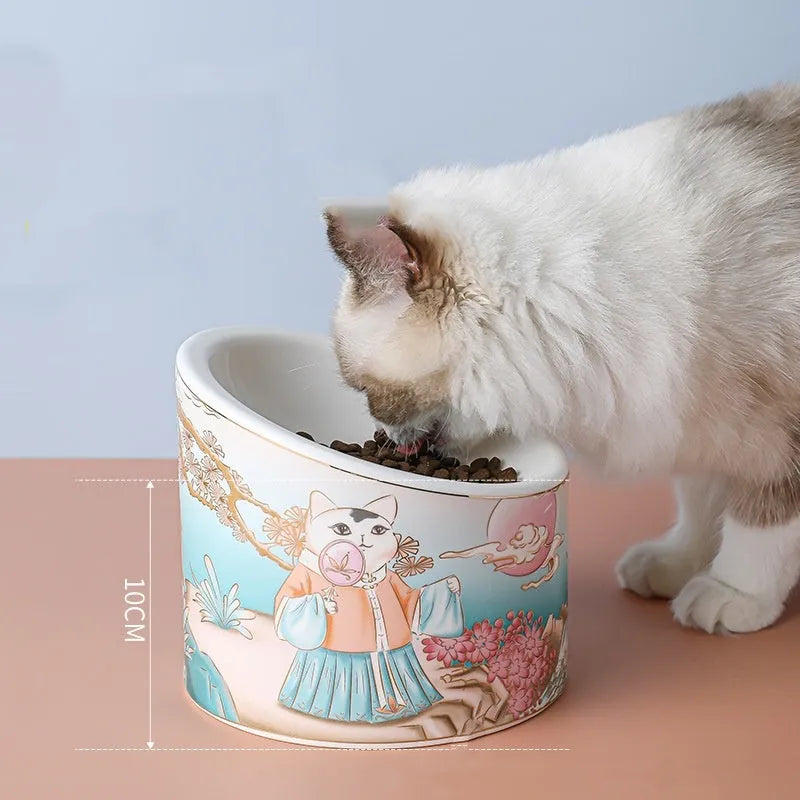 Chinese style ceramic cat bowl with high legs, double bowl design, and oblique mouth