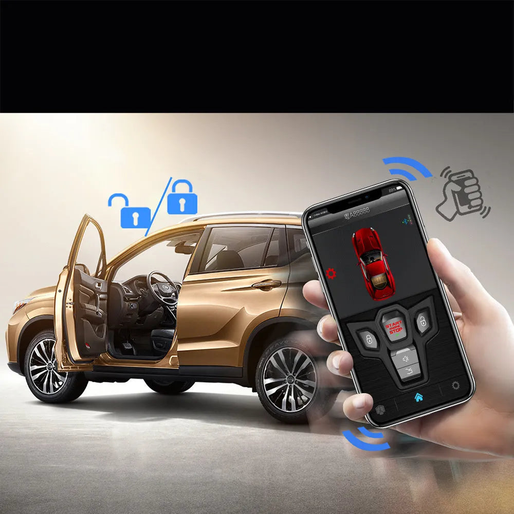 Red and black one-way remote car alarm system with two remotes for 3000m range vehicle security.