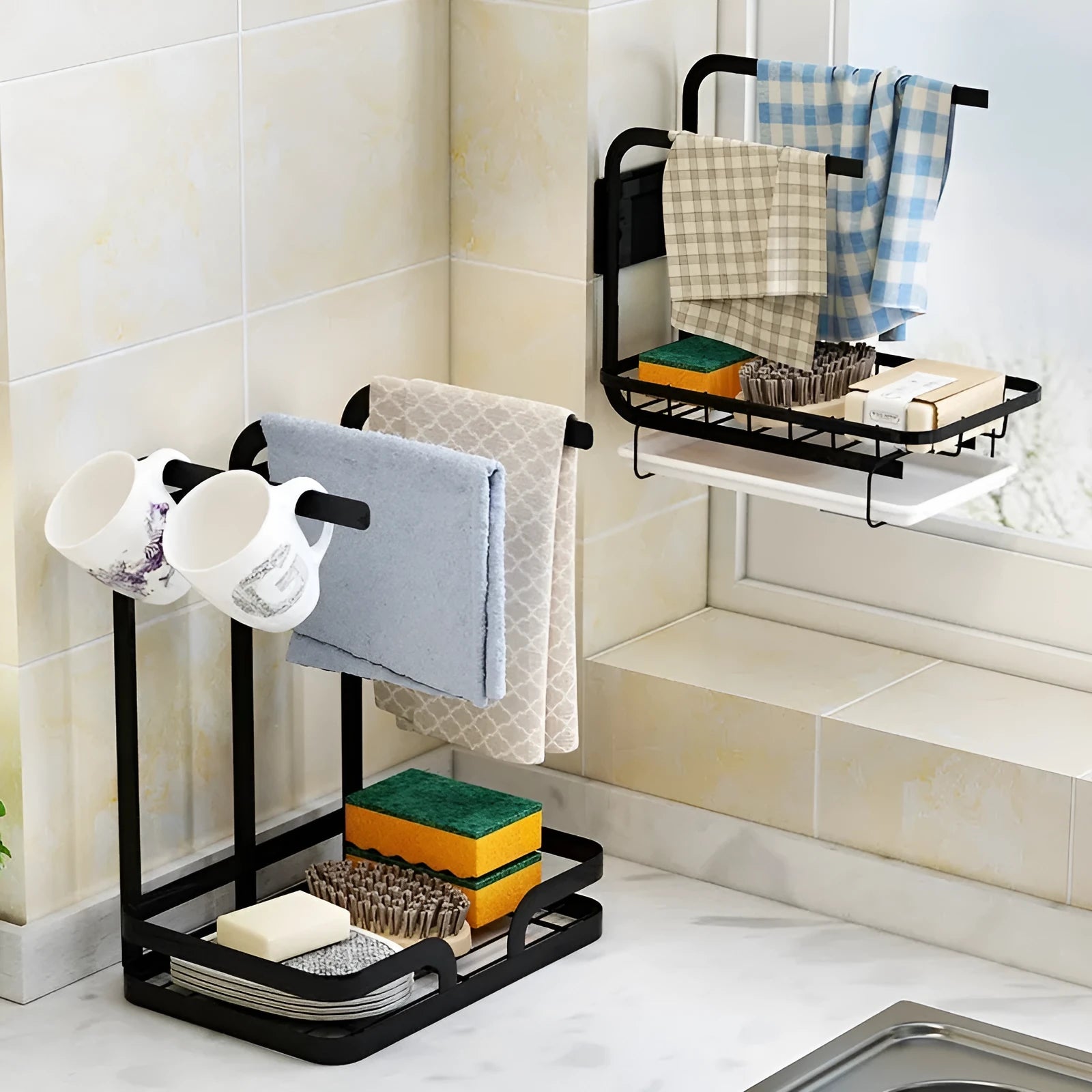 Foldable white plastic kitchen storage rack in new Chinese style, shown on a tabletop