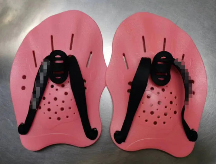 A pair of webbed swim training hand paddles for freestyle stroke, shown in various colours.