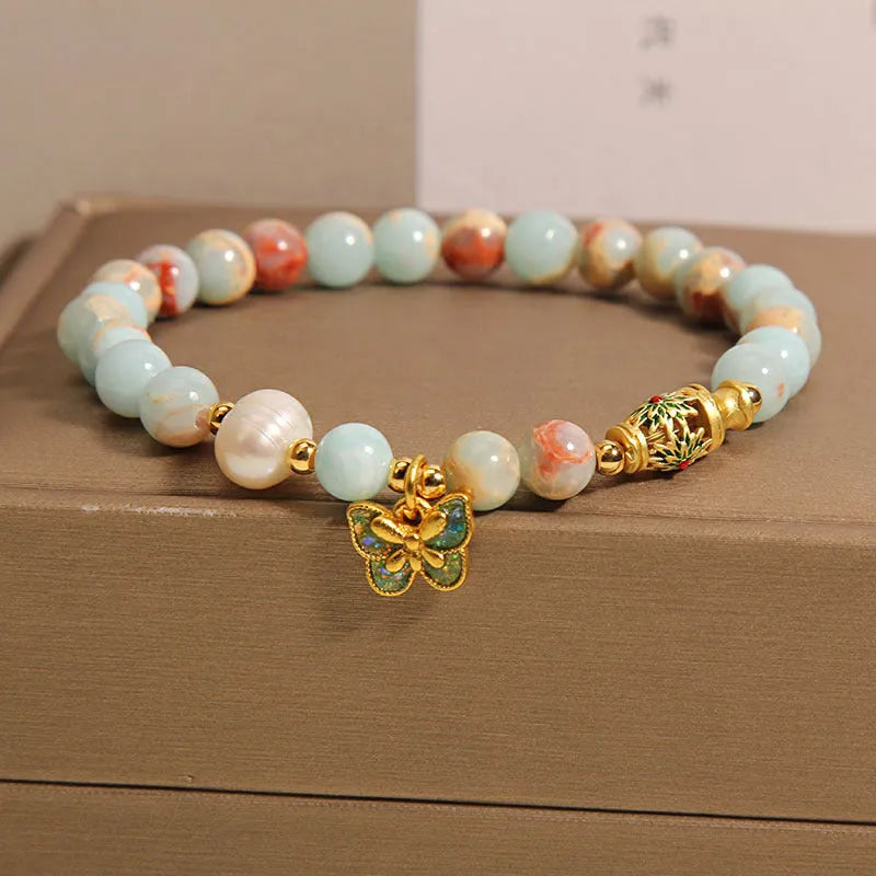 Blue butterfly pendant bracelet with Shoushan stone and freshwater pearl for women
