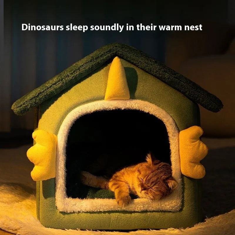 Large grey closed cat nest pet bed with a thick removable cushion inside, shown next to a tabby cat.