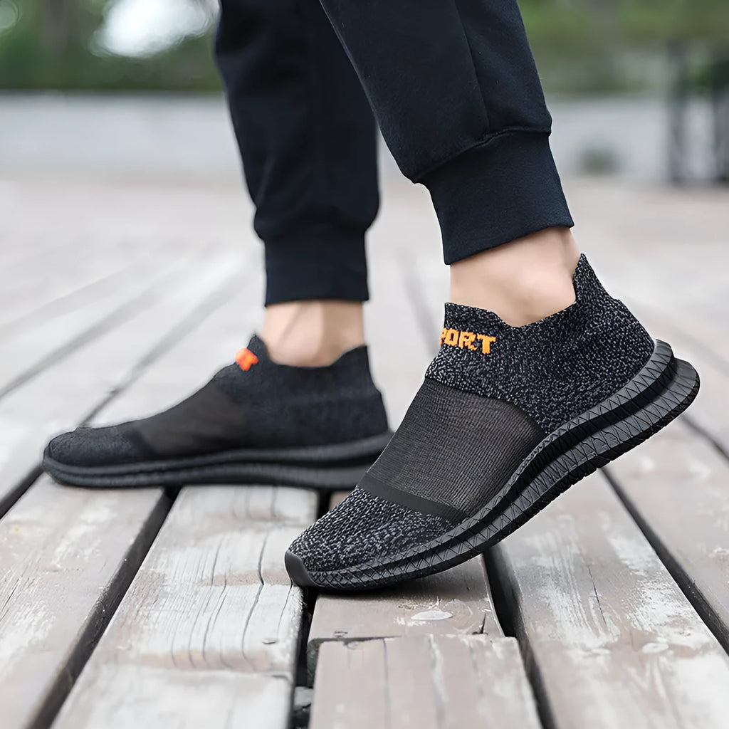 Casual Flyknit sock shoes in khaki colour with round toe and flat low heel.
