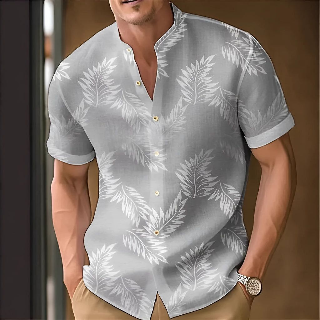 Men's printed polyester casual long sleeve button-up shirt shown in multiple colours