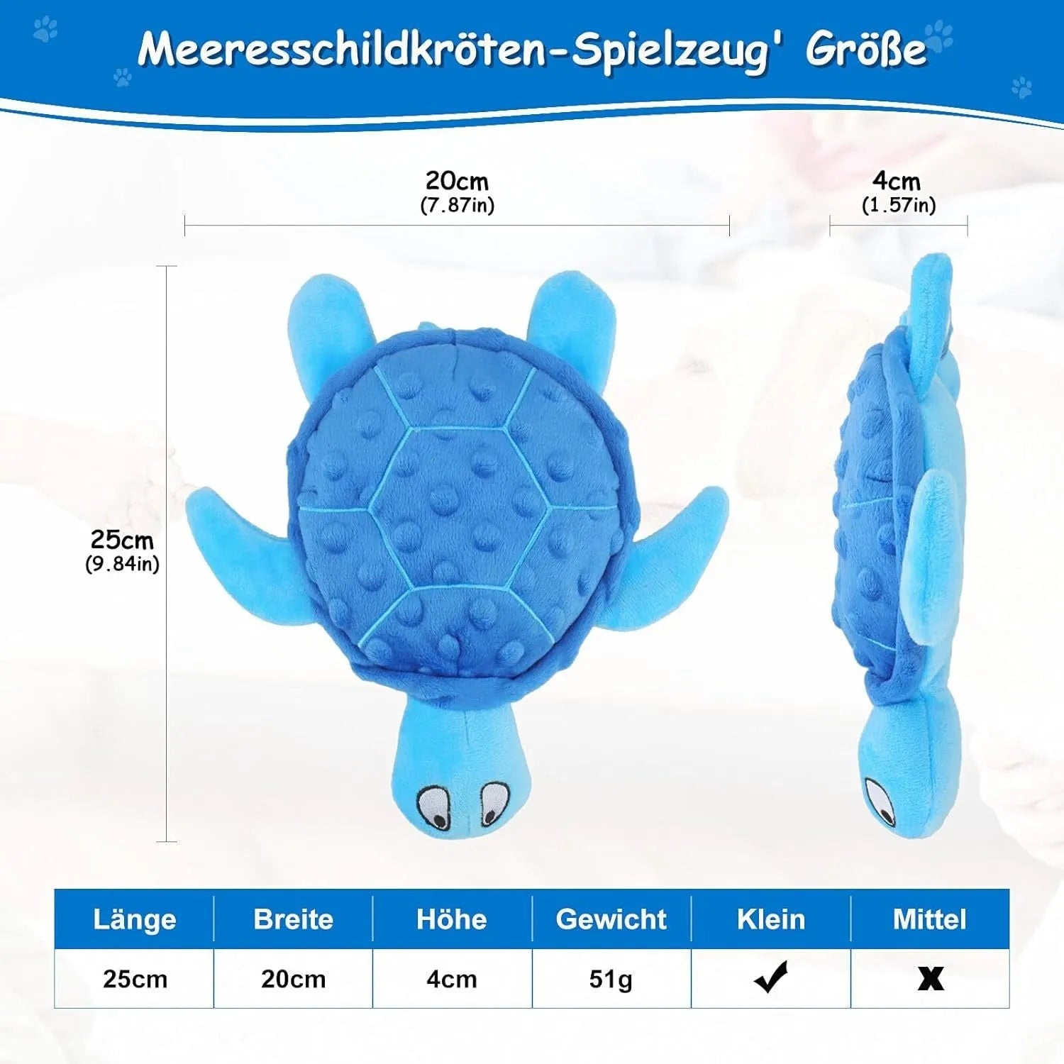 Blue, green, purple, and yellow sea turtle plush dog toy with squeaker for small dogs.