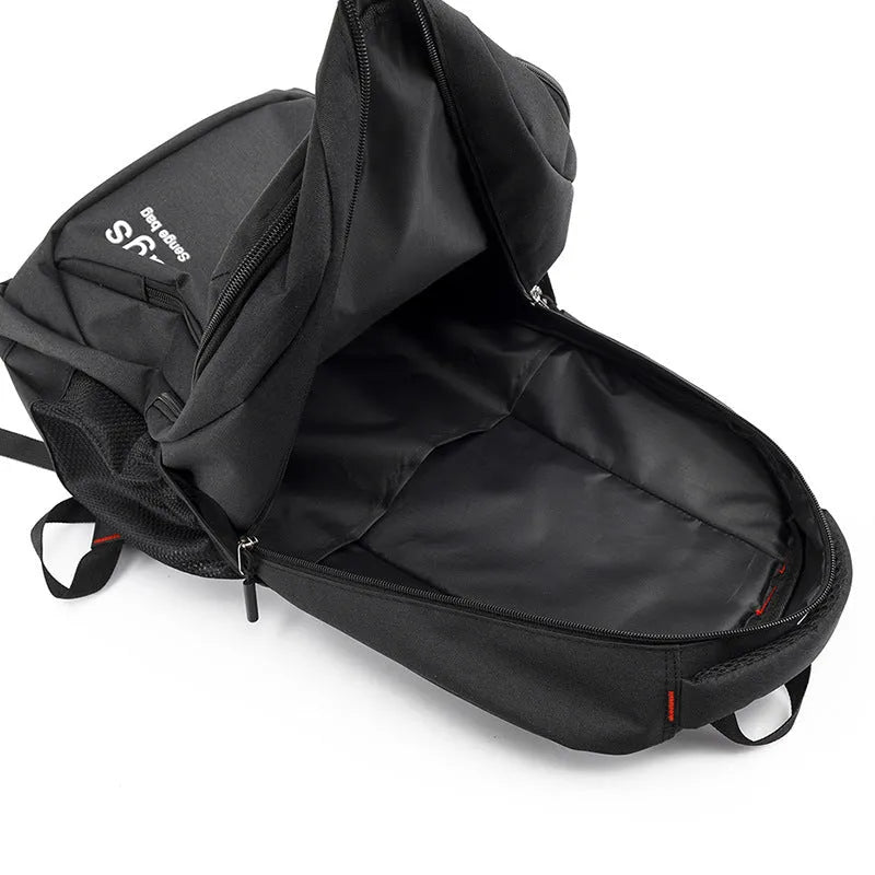 Nylon fashion backpack in black showing double shoulder straps and multiple zippered compartments.