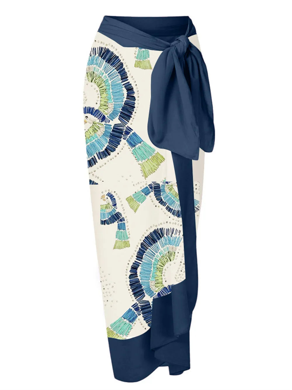 White women's one-shoulder swimsuit with a layered lotus leaf design skirt and high leg split.
