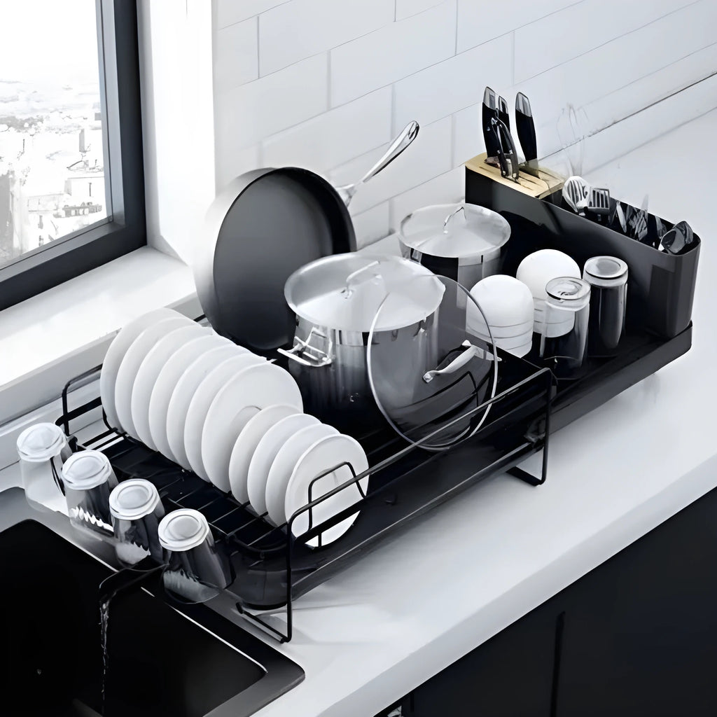 Retractable carbon steel dish rack for cutlery drying with foldable design