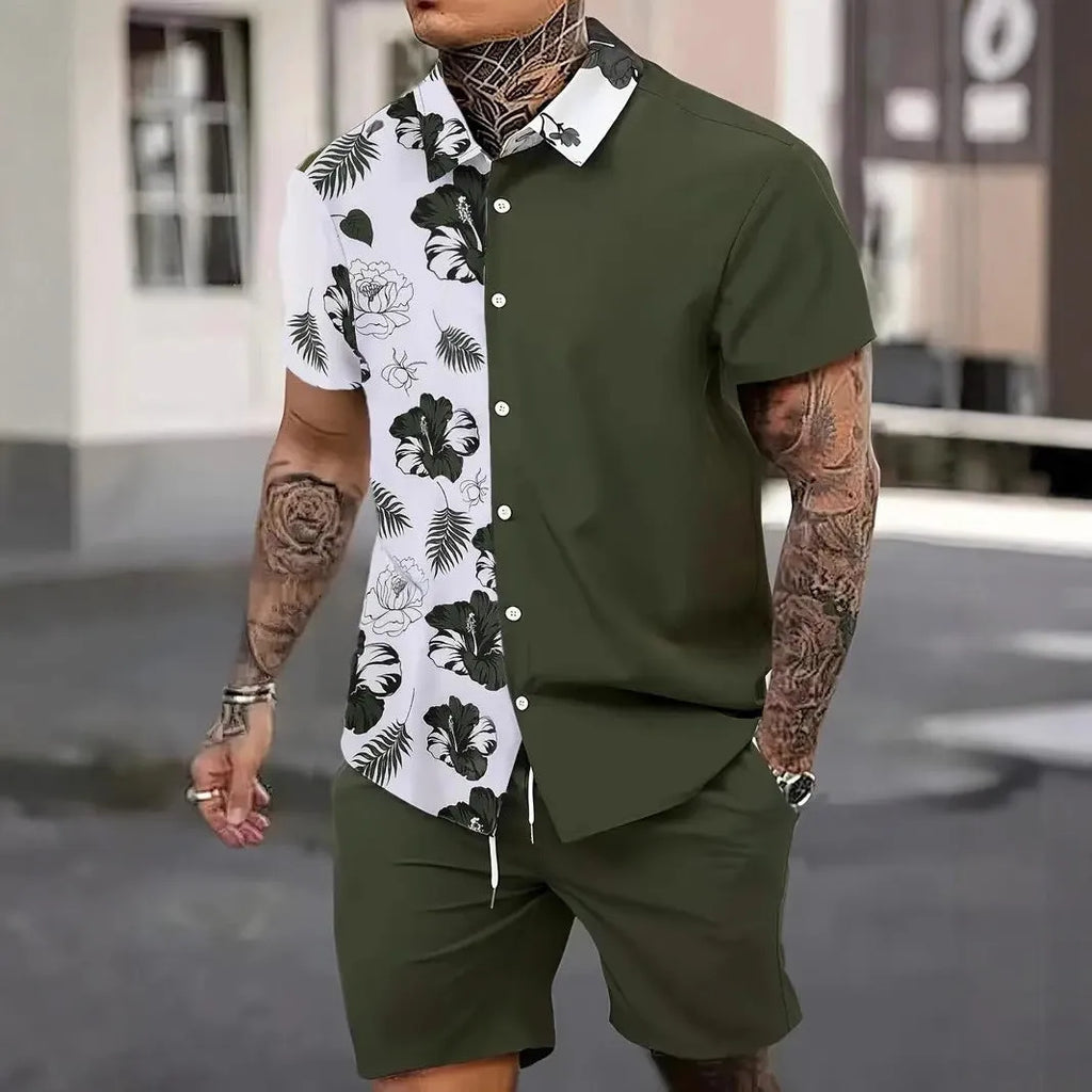 Man wearing a short sleeve Hawaii print shirt and matching shorts from the men's casual suit set.