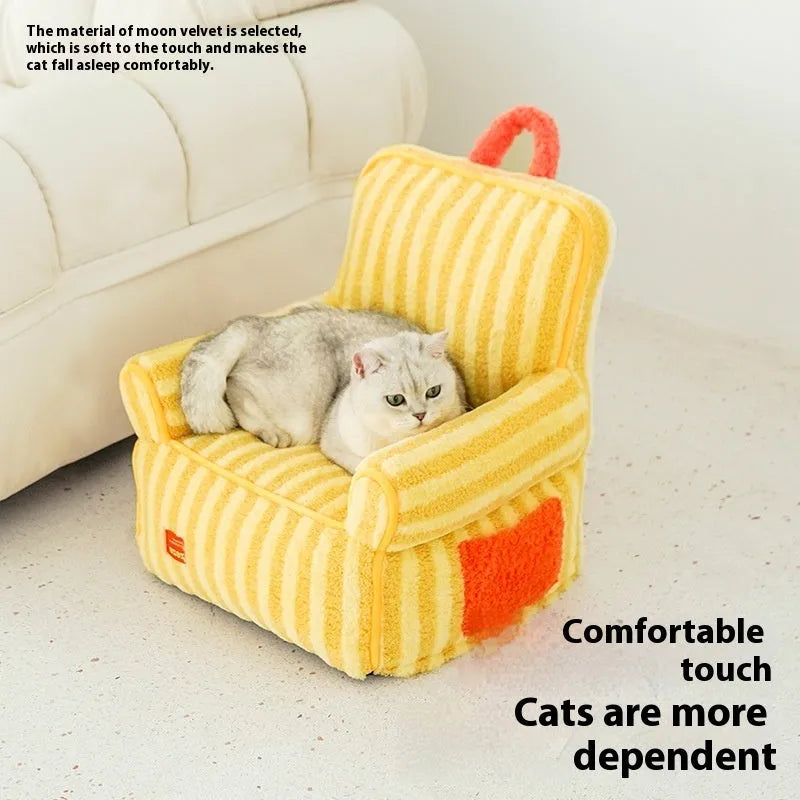 Striped soft velvet pet bed for dogs with removable cover in yellow, orange, or purple colours.