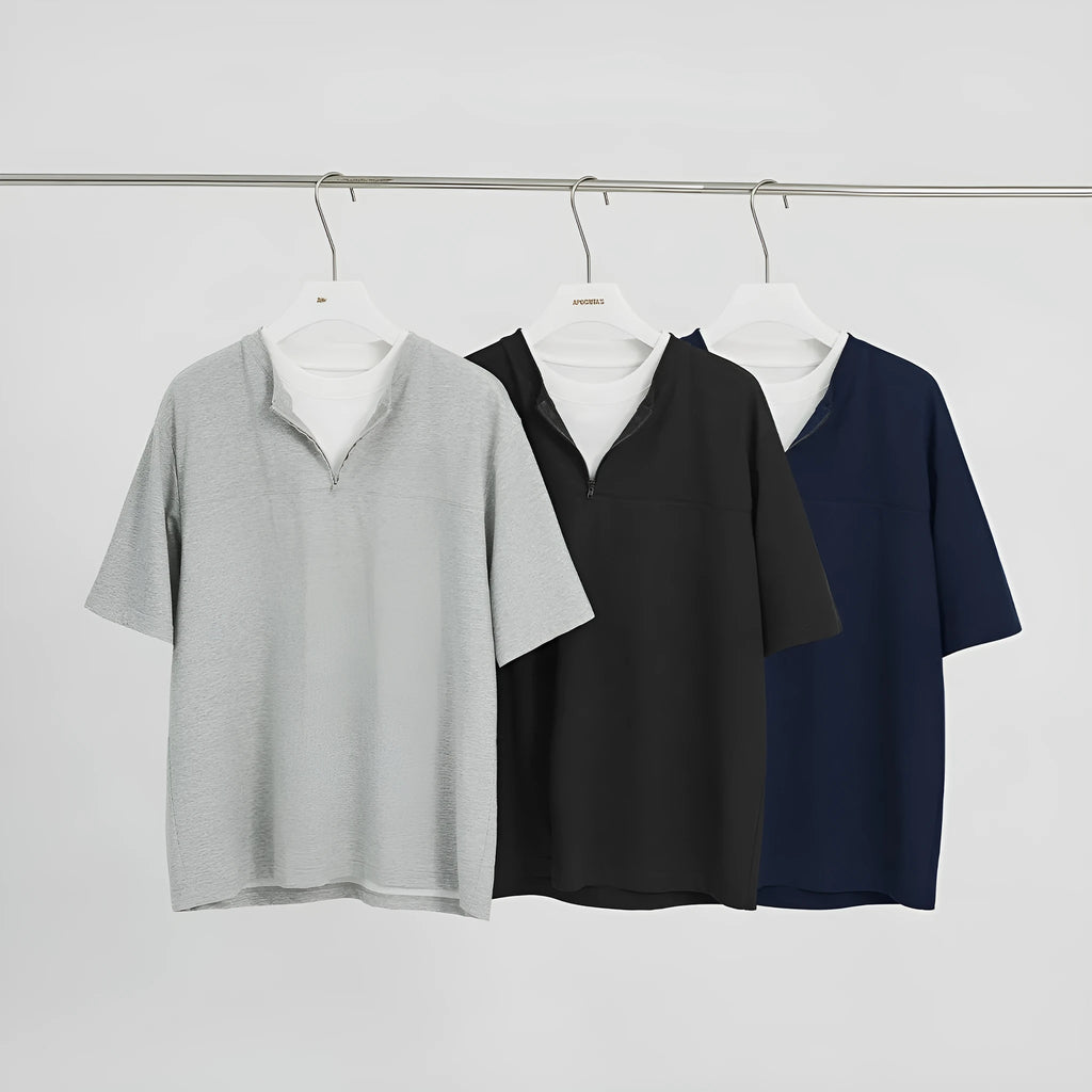 Loose solid colour patchwork top with collar in cotton blend fabric