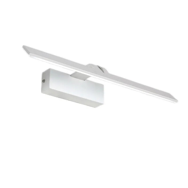 White framed LED bathroom mirror headlight mounted on wall showing three light colour options.