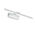 White framed LED bathroom mirror headlight mounted on wall showing three light colour options.