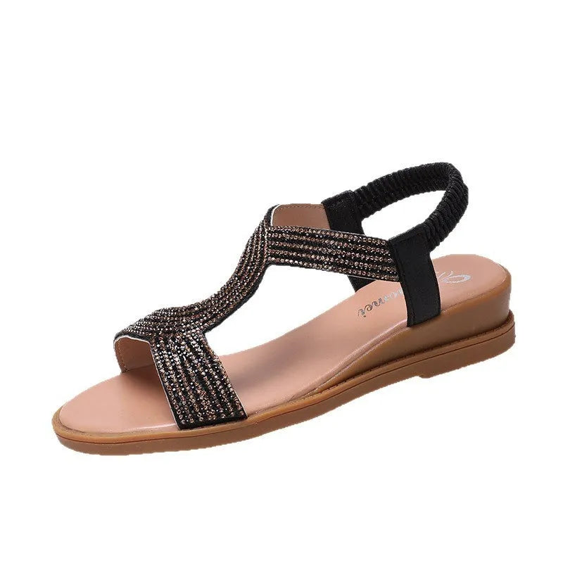Gold patent leather women's sandals with rhinestones and round toe