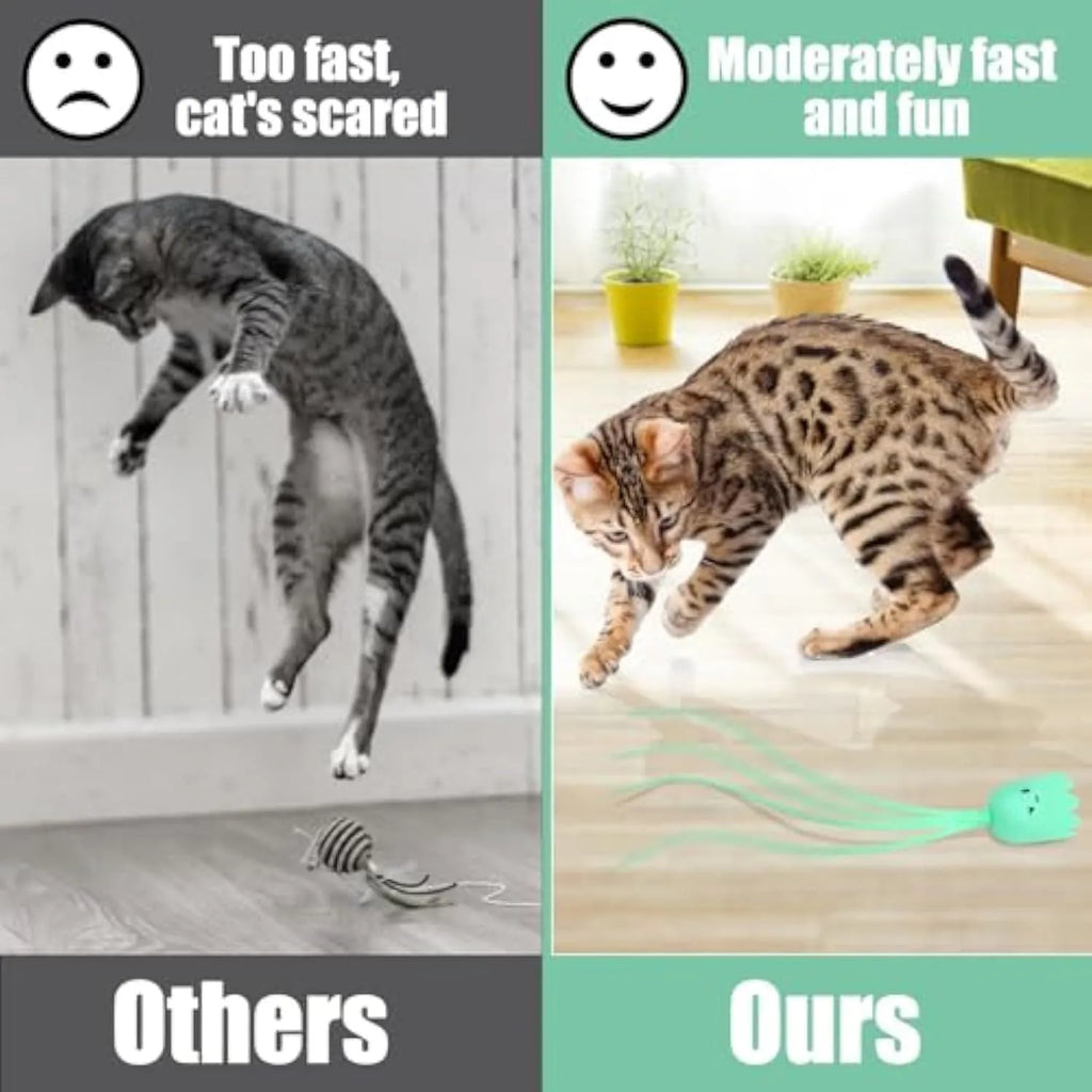 Green automatic cat wand toy with silicone tail on floor for indoor cat play