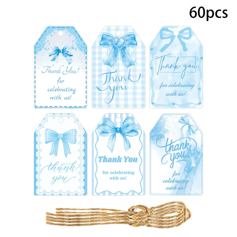 Three styles of birthday party gift tags with bowknot designs and hemp rope ties