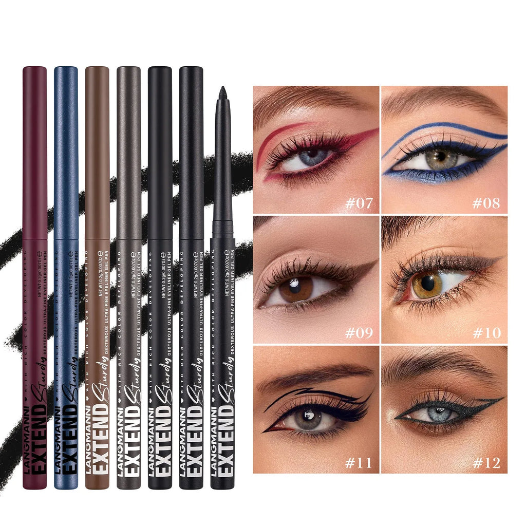 Set of 12 colourful gel glitter eyeliner pencils with metallic, pearl, and matte finishes