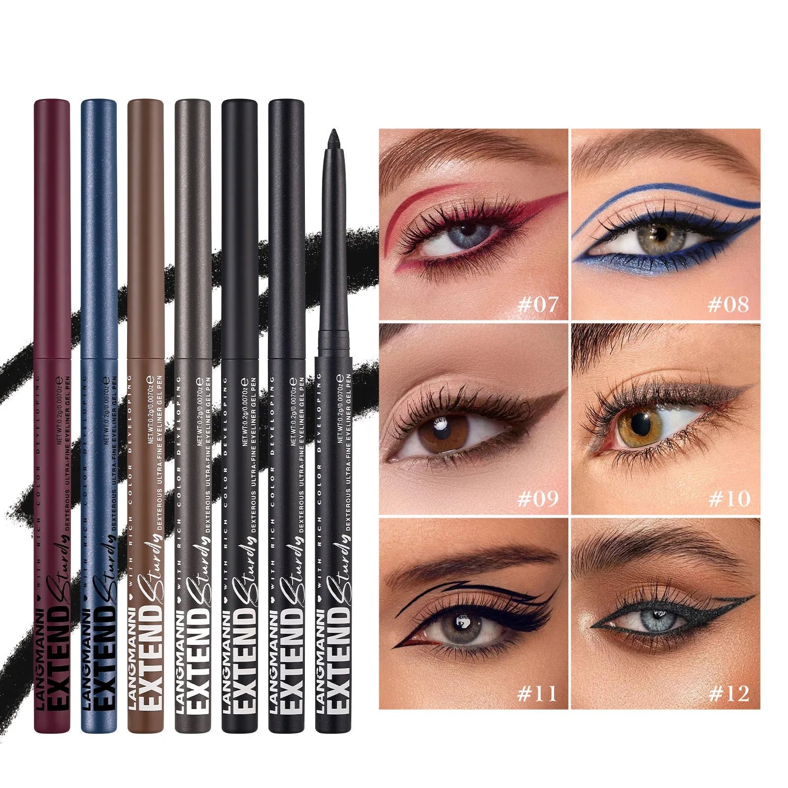 Set of 12 colourful gel glitter eyeliner pencils with metallic, pearl, and matte finishes