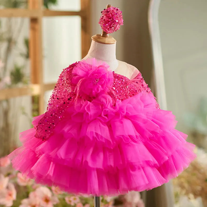 Rose red baby dress for one year old, polyester fibre, full length view on child, size 80-160cm