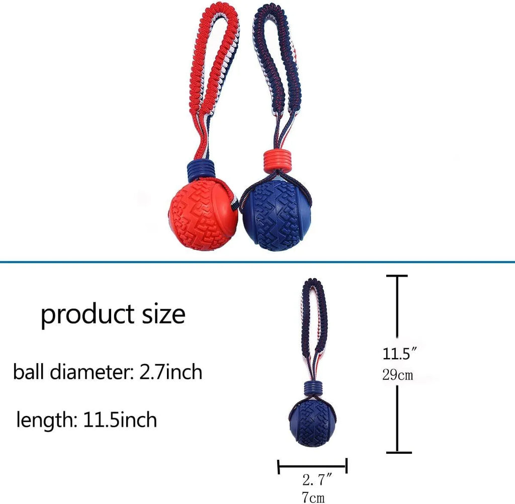 Blue dog ball with rope toy for tug-of-war and teeth cleaning, shown next to a red one.