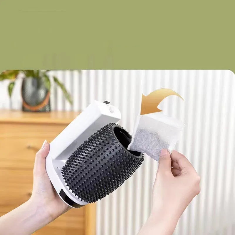 White automatic cat self groomer wall corner brush mounted in corner