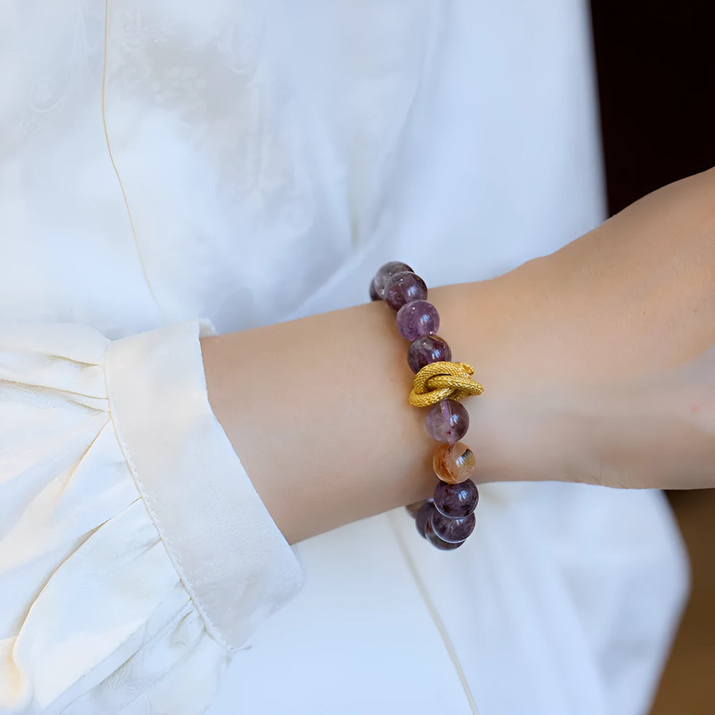 Handmade purple ghost quartz bracelet with 10mm beads featuring traditional nine purple motif and Chinese prosperity designs