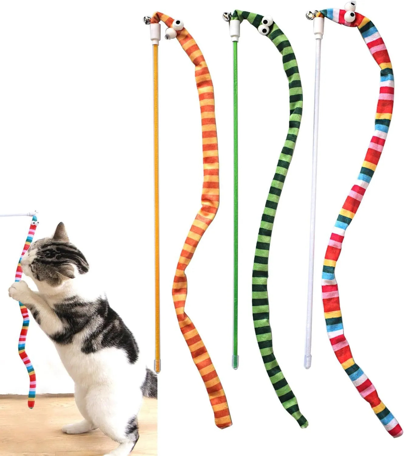 Cat wand teaser toy with colourful plush strip and bell on a polycarbonate pole.