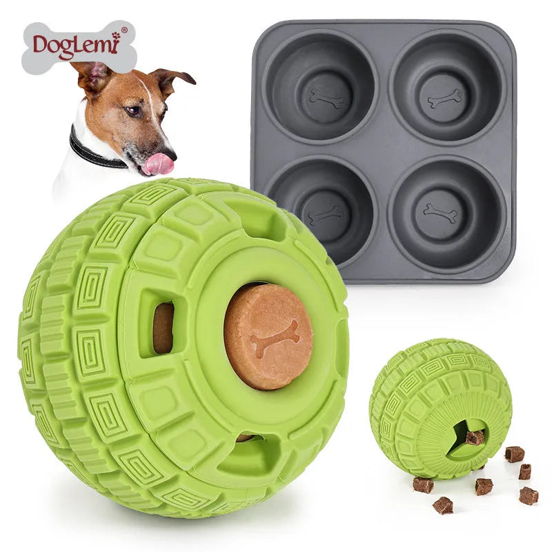 Green natural rubber dog dropping ball toy with textured surface, 14x10x10 cm size