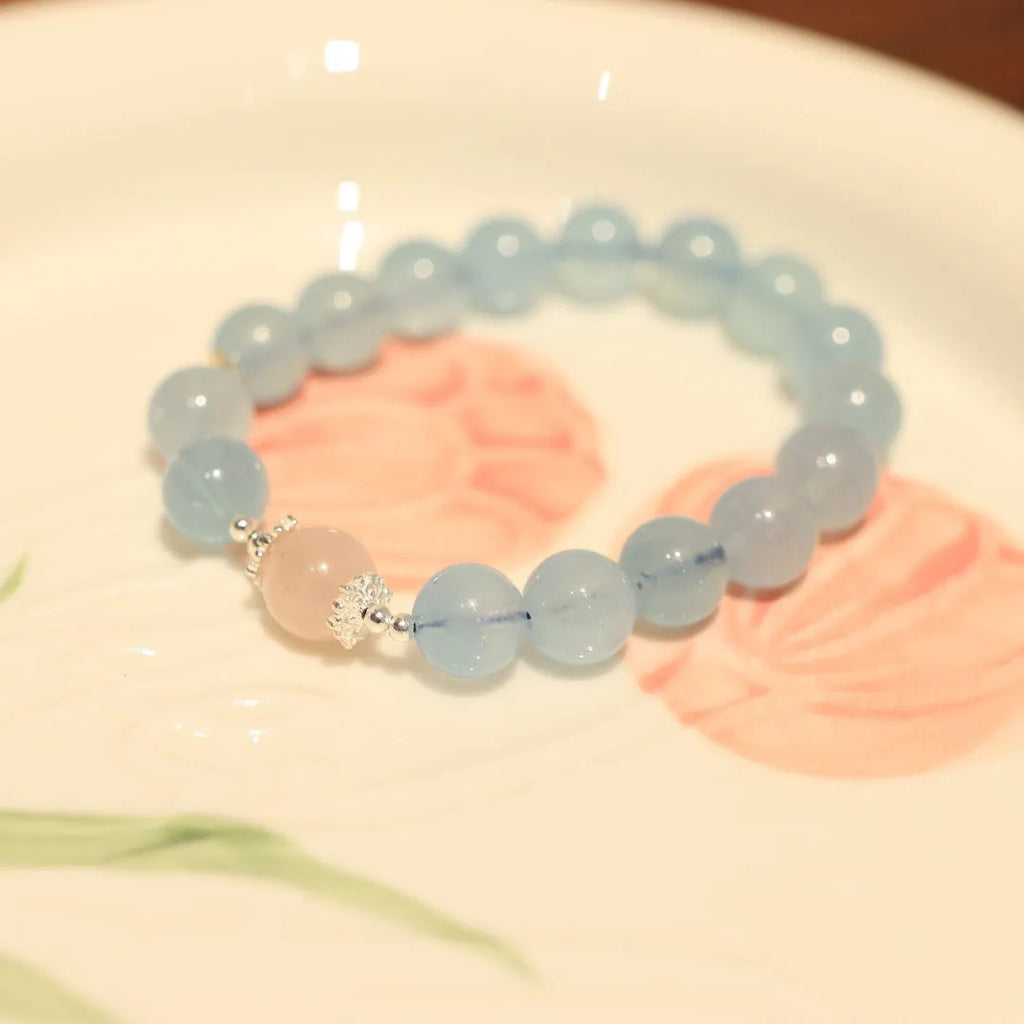 Women's Chinese style Fengjiu DIY aquamarine bracelet with pearl and pink crystal charms