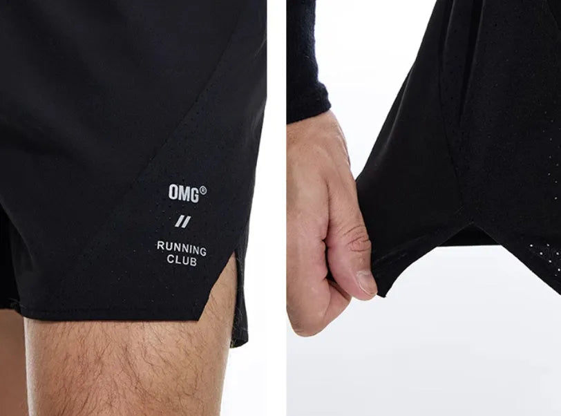 Four-point running shorts with laser punching stitching in black or blue colours showing stretch fabric construction