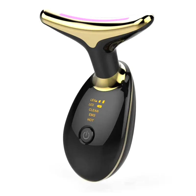 Black silver EMS thermal neck massager with LED lights on a white background.