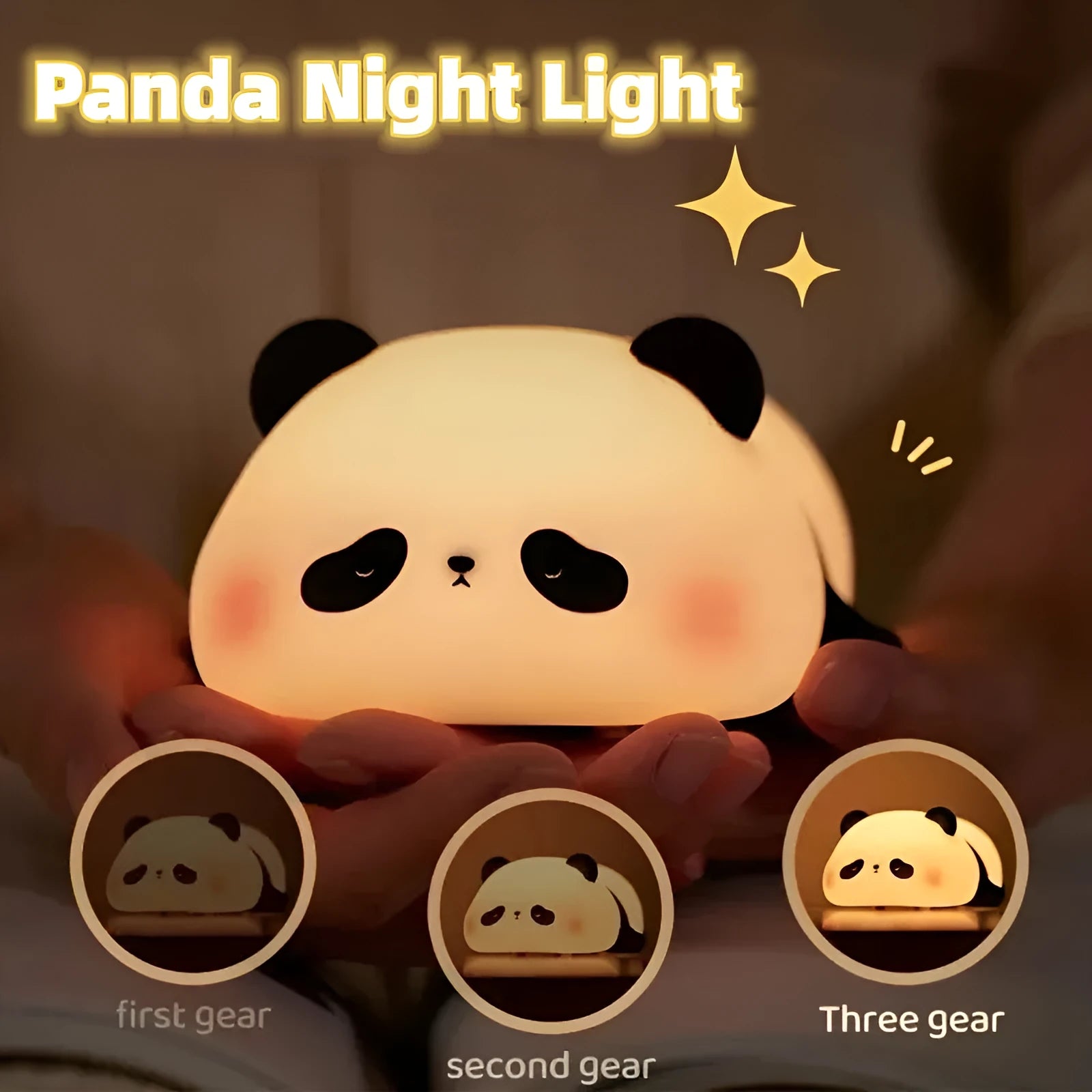 Cartoon panda silicone night light for kids with clap control on a bedside table