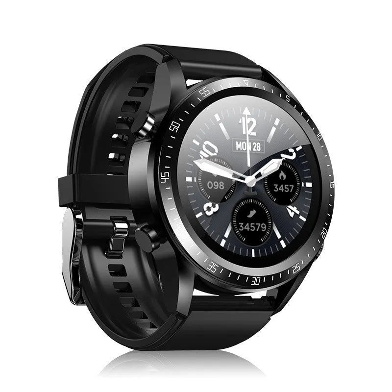 Black smart watch with silicone strap showing blood pressure and oxygen monitoring on its 1.28-inch screen.