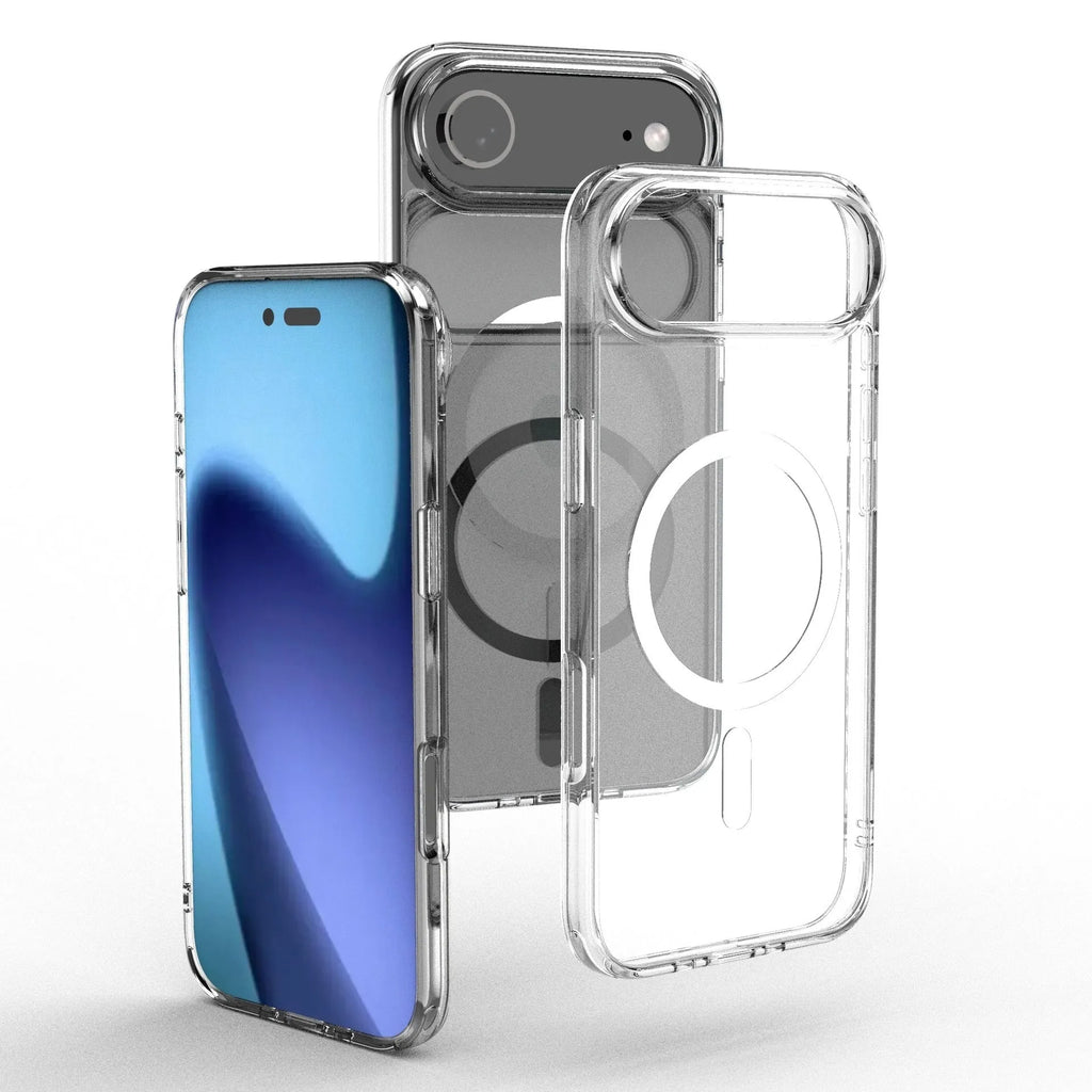 Transparent magnetic shockproof case for iPhone 17, iPhone 17 Pro, iPhone 17 Pro Max, and iPhone 17 Air phones.