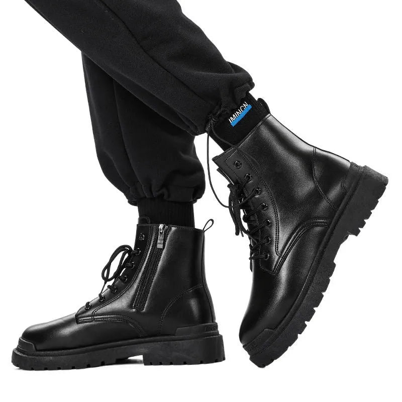 Men's black waterproof mid-top boots with rubber soles