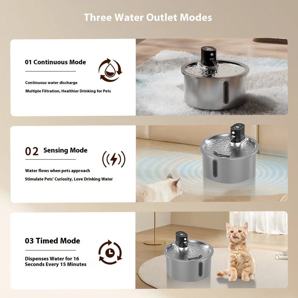 Stainless steel heated pet water fountain with white temperature control base for cats and dogs.
