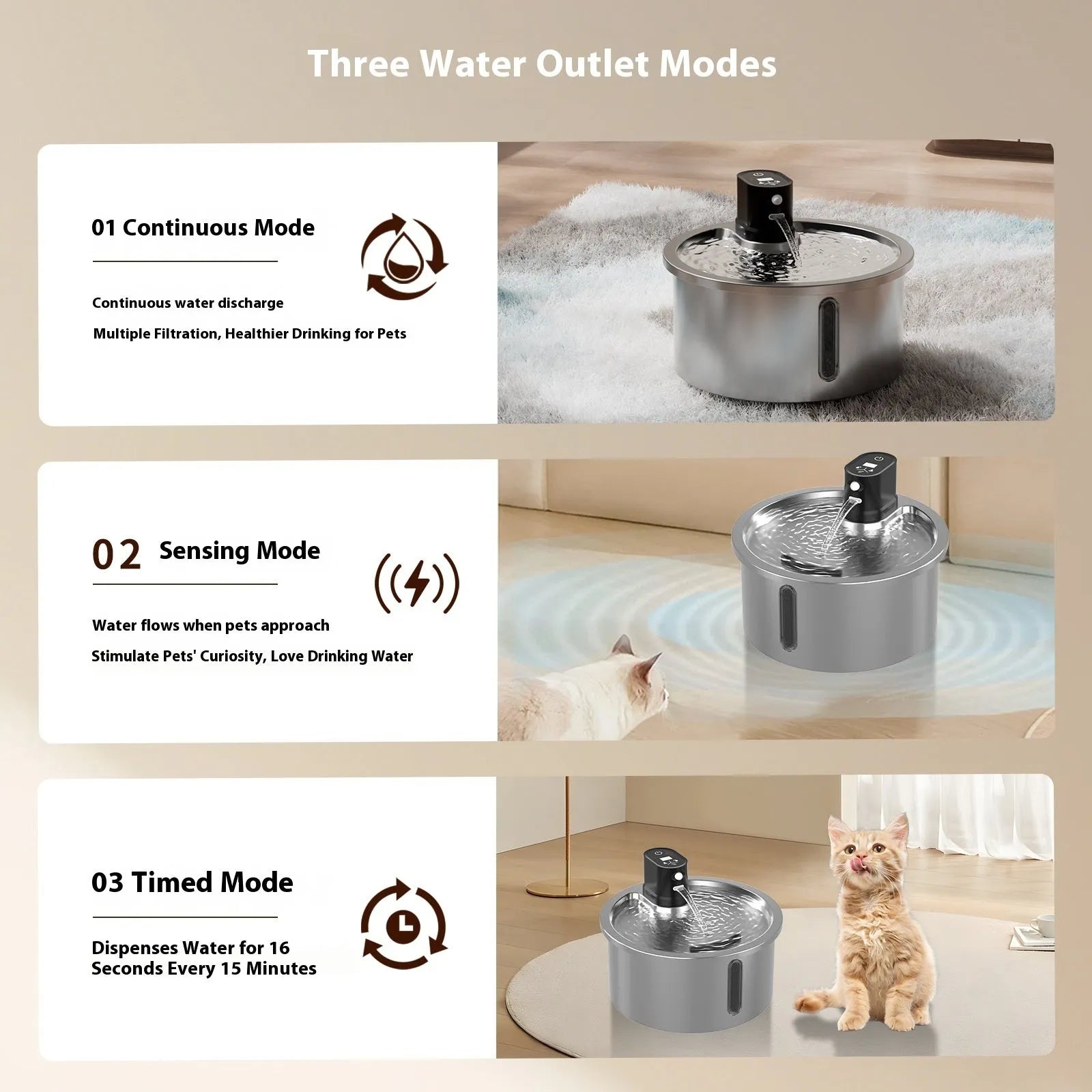 Stainless steel heated pet water fountain with white temperature control base for cats and dogs.