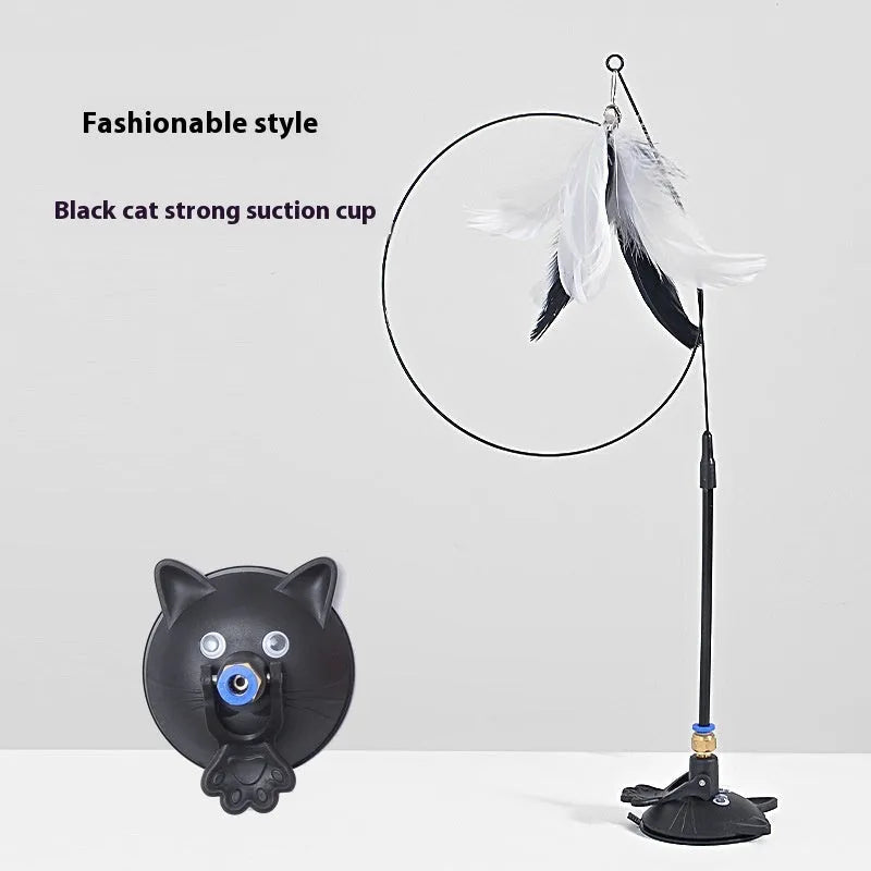 Plastic cat teasing wand with suction cup base, long handle, bell attachment, and feather teaser in various colour options