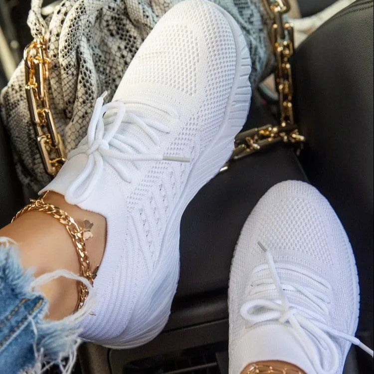 Women's white chunky sole sporty sneakers, also available in red, blue, black, khaki, grey, pink, and light blue.