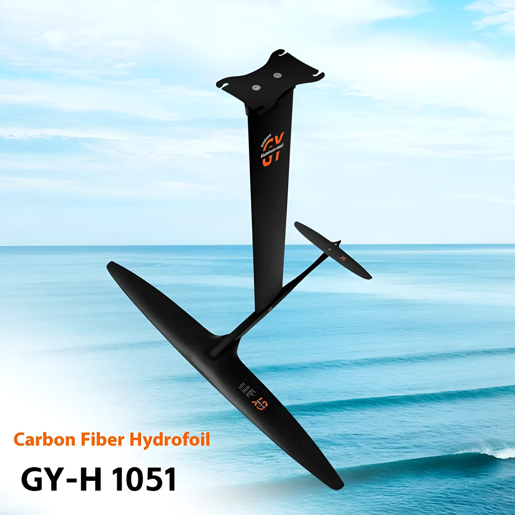 Black carbon fibre and aluminium alloy racing surf hydrofoil with a large 1051mm front wing.