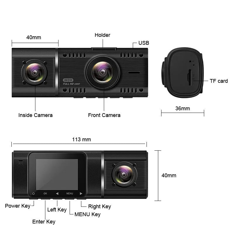 Standard black 1080p car dash cam with a 1.5-inch screen, shown with car charger and windscreen mount.
