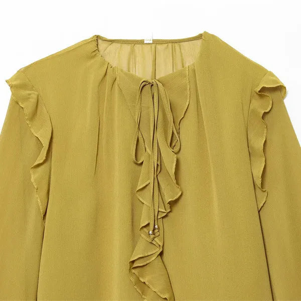 Women's yellow ruffled laminated decorative shirt with plants and flowers print, pullover long sleeve top in polyester spandex