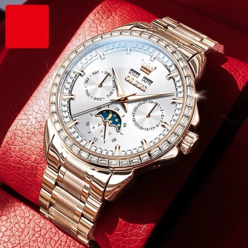 Men's stainless steel automatic watch with diamond dial on wrist, showing butterfly clasp.