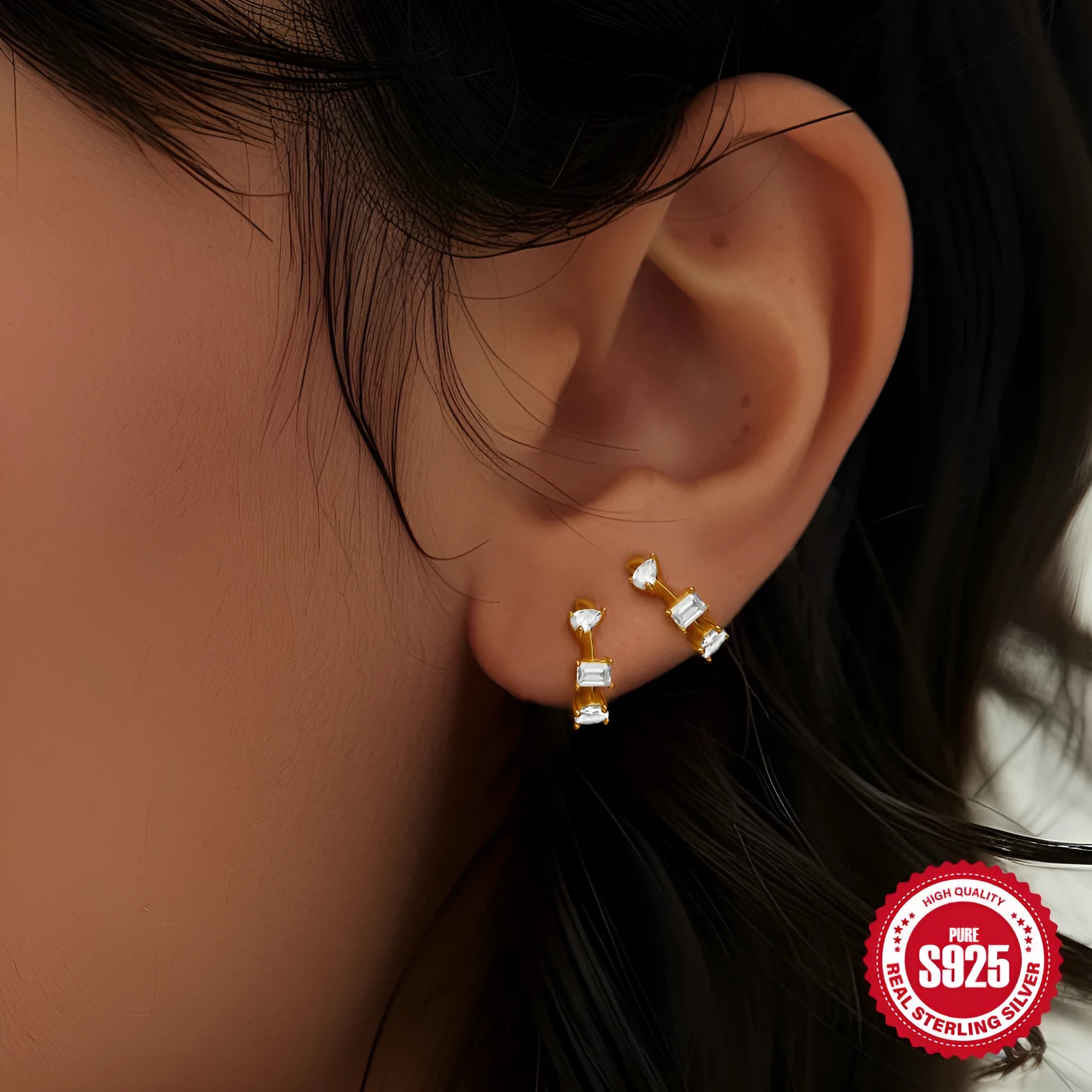 Sterling silver geometric stud earrings with round design in gold or silver electroplated finish